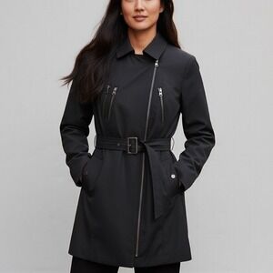 NINE WEST Black Moto Style Belted Trench Coat Jacket Womens Medium Asymmetrical